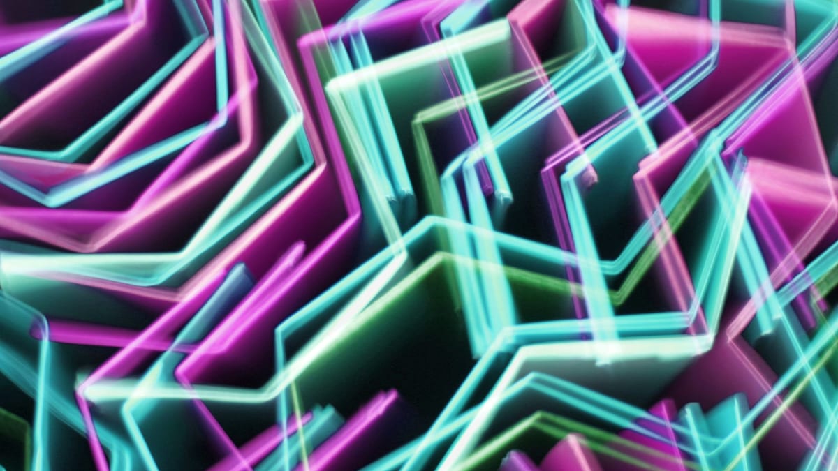 Formas geométricas de luz neón en tonos rosa, turquesa y verde sobre fondo oscuro